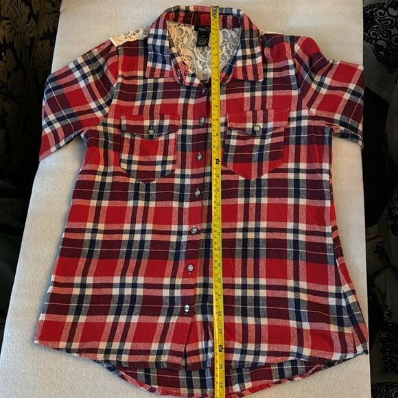 Rue21 Western Plaid Lace Long Sleeve Button Down Top M Costal Cowgirl Boho Chic - Picture 6 of 8